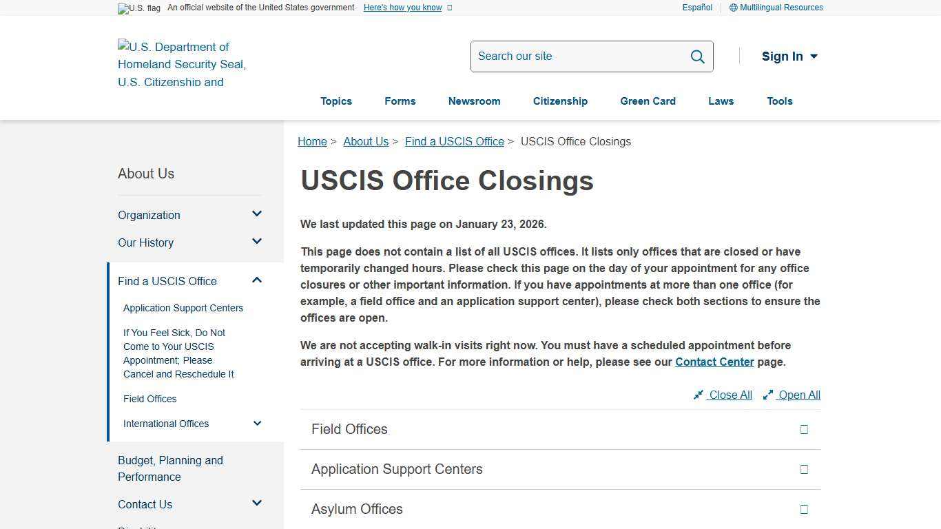 USCIS Office Closings USCIS